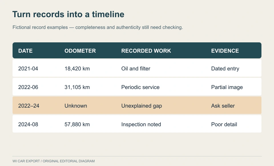 Turn records into a timeline. Fictional record examples — completeness and authenticity still need checking.
