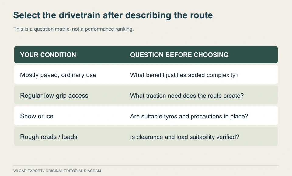 Select the drivetrain after describing the route. This is a question matrix, not a performance ranking.