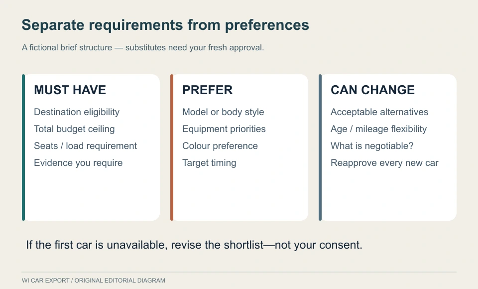 Separate requirements from preferences. A fictional brief structure — substitutes need your fresh approval.